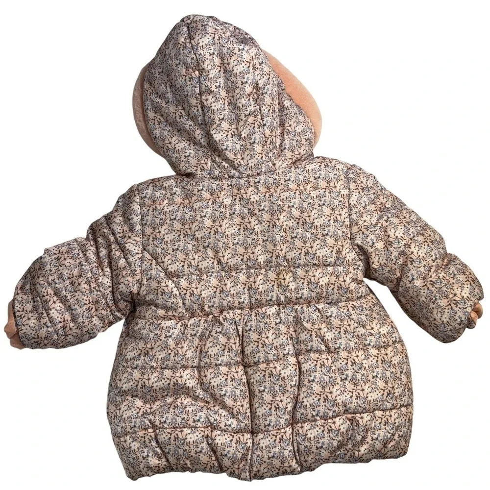 Kensie Girl Baby‎ Floral Puffer Jacket 12M Pink Peach Blue Flowers Faux Fur Hood